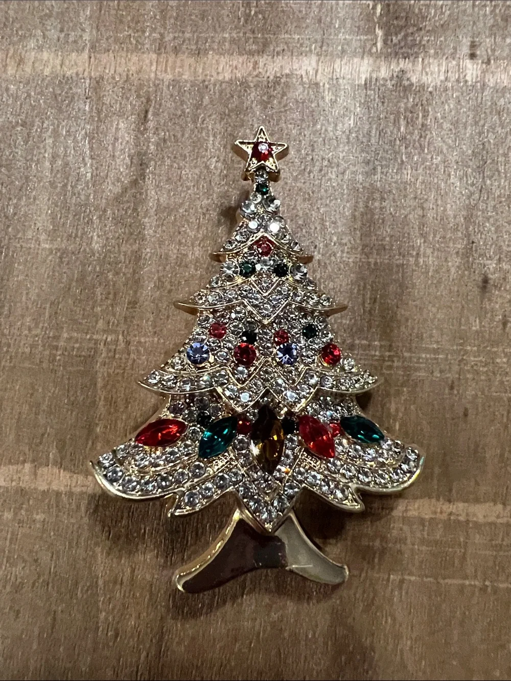 3/$18 Gold-Tone Crystal Christmas Tree Brooch with Red & Green Accents Lot 6051